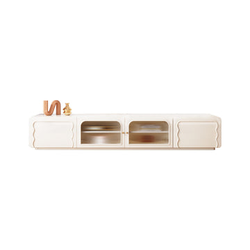Beige Modern TV Stand with Glass Doors & Sintered Stone Top